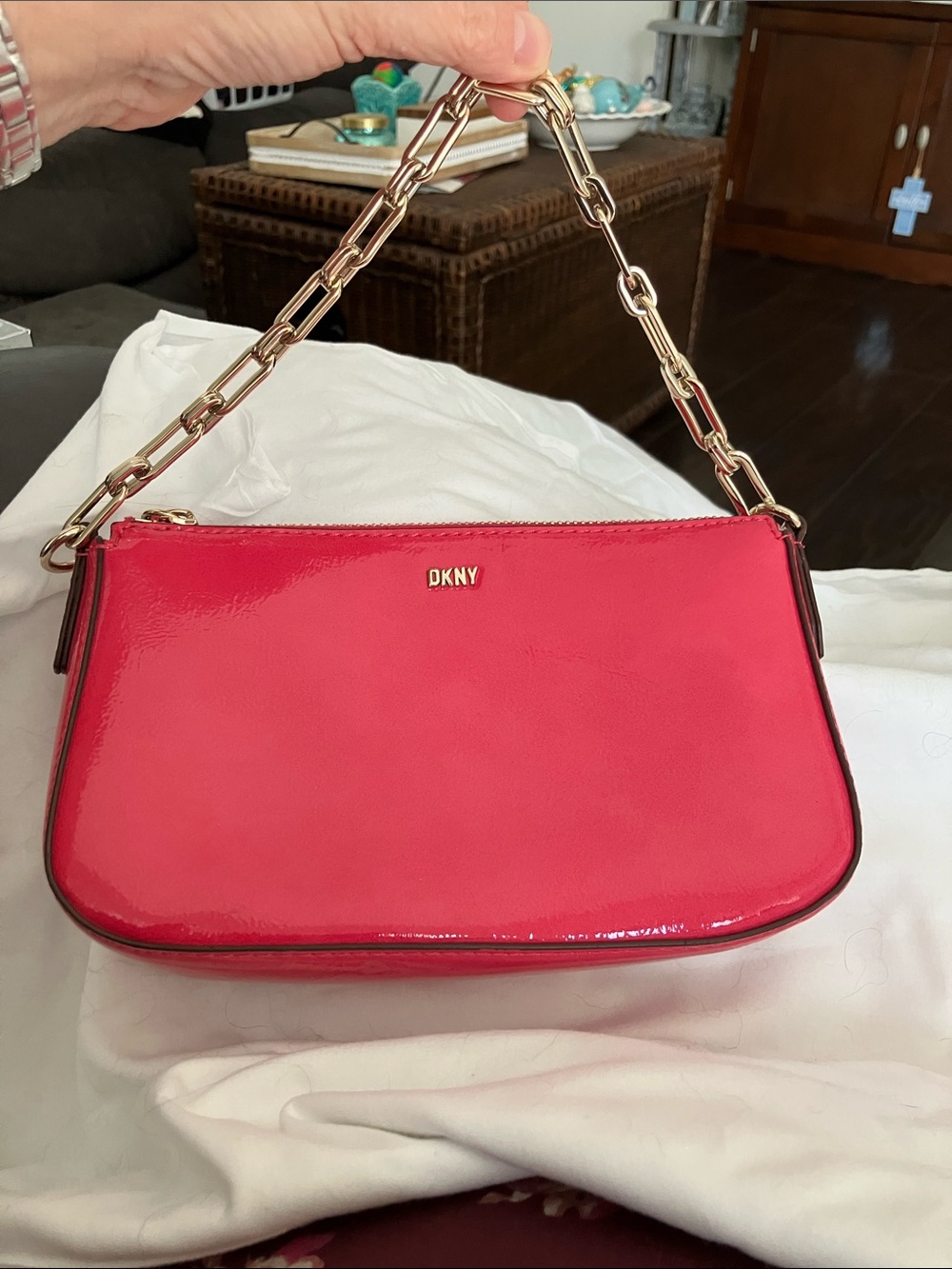 DKNY Shiny Pink Patent Shoulder Bag with Gold Chain